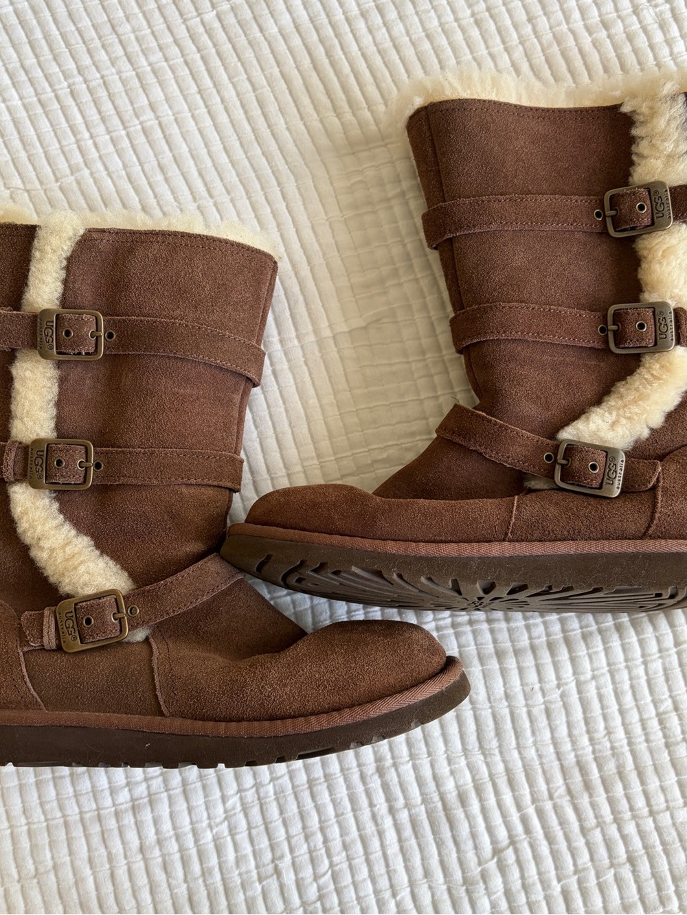 UGG Australia Brown Suede Shearling Buckle Mid Calf Boots Women’s 5 Side Zip